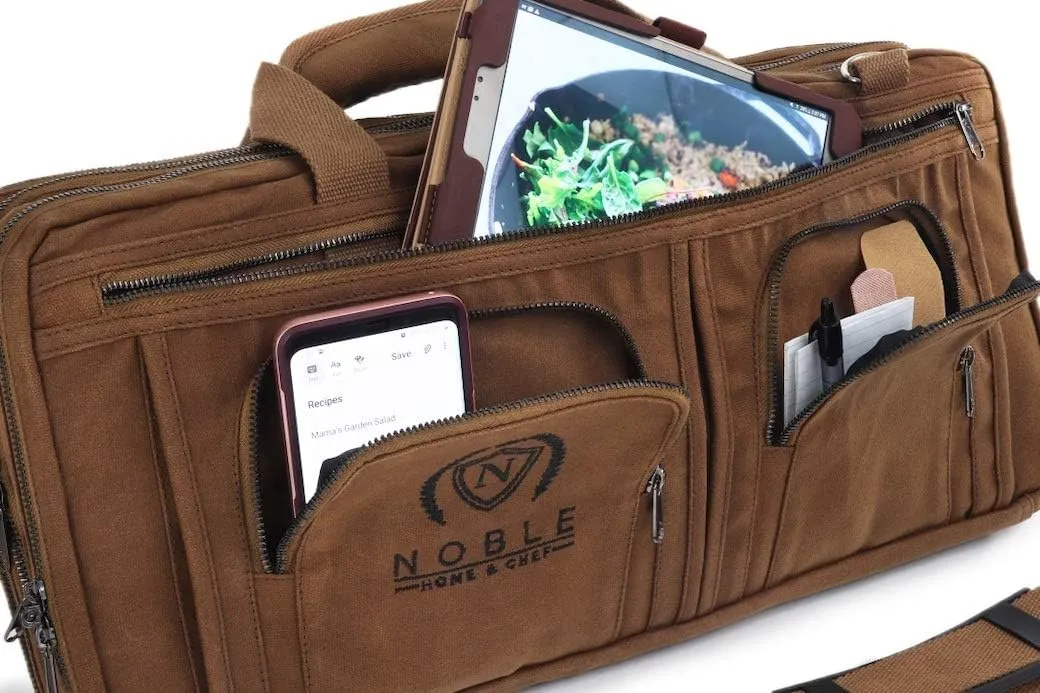 Waxed Canvas Chef Knife Bag Holds 19 Knives Plus Knife Steel Meat Cleaver and Large Storage Compartments! Our Most Durable Professional Line Knife Carrier Includes Custom Padlock! (Bag Only)