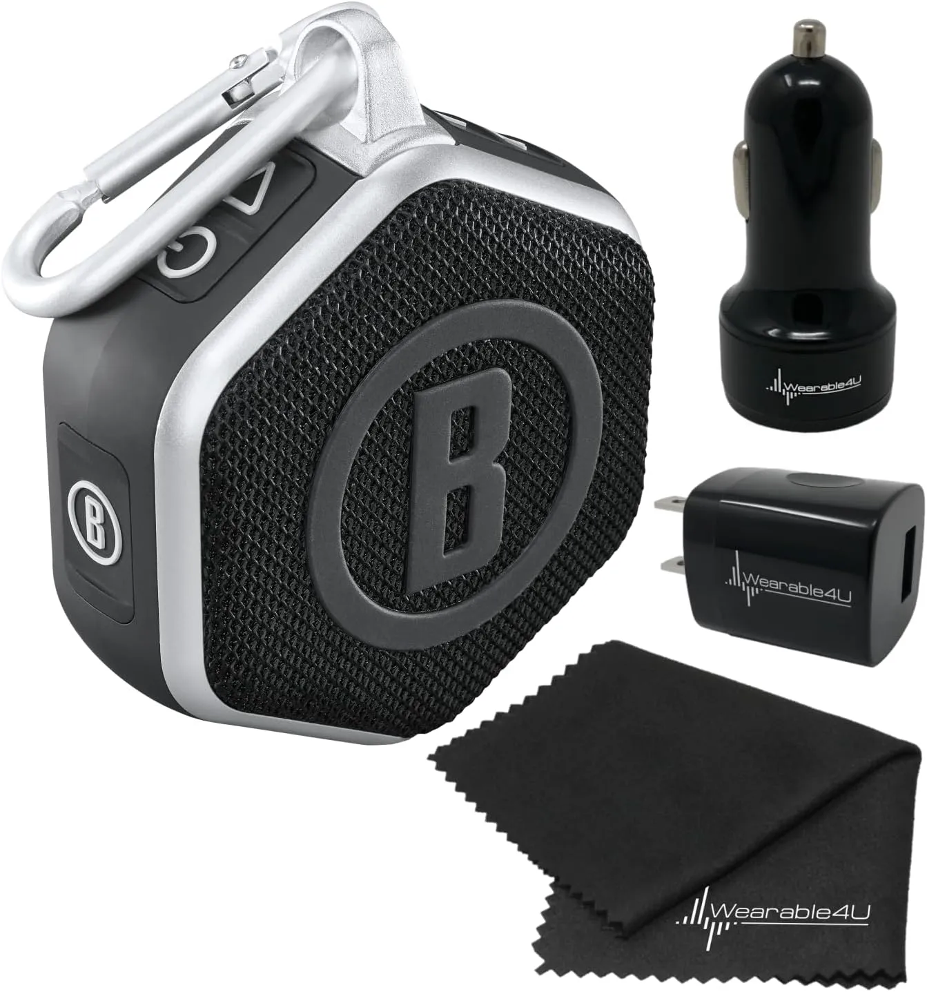 Wearable4U - Bushnell Wingman Mini Black/Silver GPS Bluetooth Speaker with Cleaning Cloth and Wall/Car Chargers Bundle