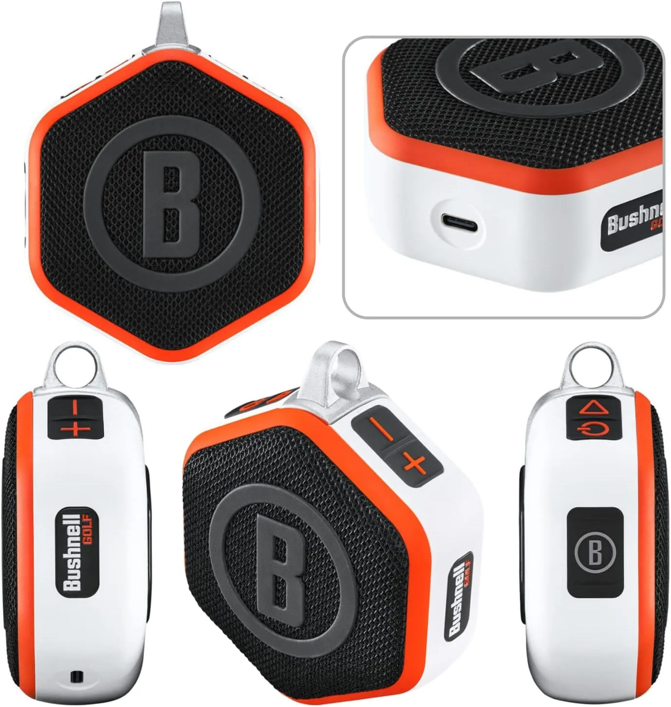 Wearable4U - Bushnell Wingman Mini Orange/White GPS Bluetooth Speaker with Cleaning Cloth and Wall/Car Chargers Bundle