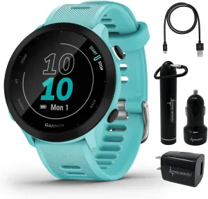 Wearable4U Garmin Forerunner 55 GPS Running 42 mm Watch with Daily Suggested Workouts, Aqua Power Pack Bundle