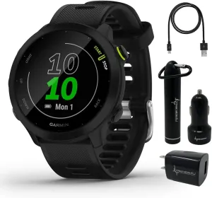Wearable4U Garmin Forerunner 55 GPS Running 42 mm Watch with Daily Suggested Workouts, Black Power Pack Bundle