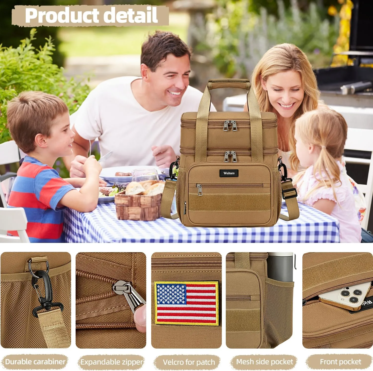 Weitars Lunch Box for Men Women Dual Compartment Lunch Box Heavy Duty Large Insulated Tactical Lunch Bag Durable Cooler Bag With Shoulder Strap for Adults Work Picnic Road Trip