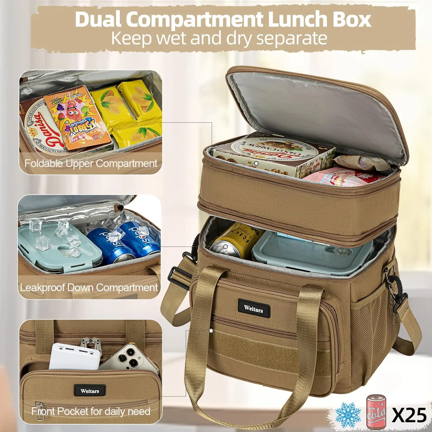 Weitars Lunch Box for Men Women Dual Compartment Lunch Box Heavy Duty Large Insulated Tactical Lunch Bag Durable Cooler Bag With Shoulder Strap for Adults Work Picnic Road Trip