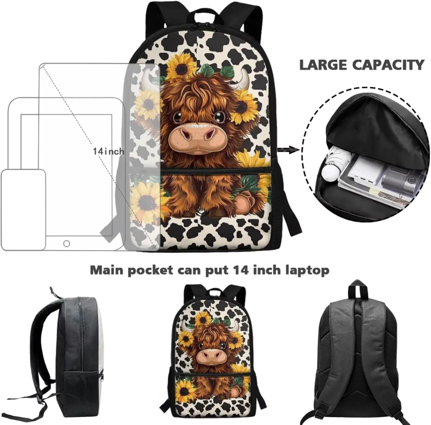 WELLFLYHOM Highland Cow Kids Book Bags for Girls Ages 6-8 Sunflower School Bookbag and Lunchbox Pencil Case Water Bottle Sleeve 4 Pcs Kids Backpack Set Gift for Back to School Season