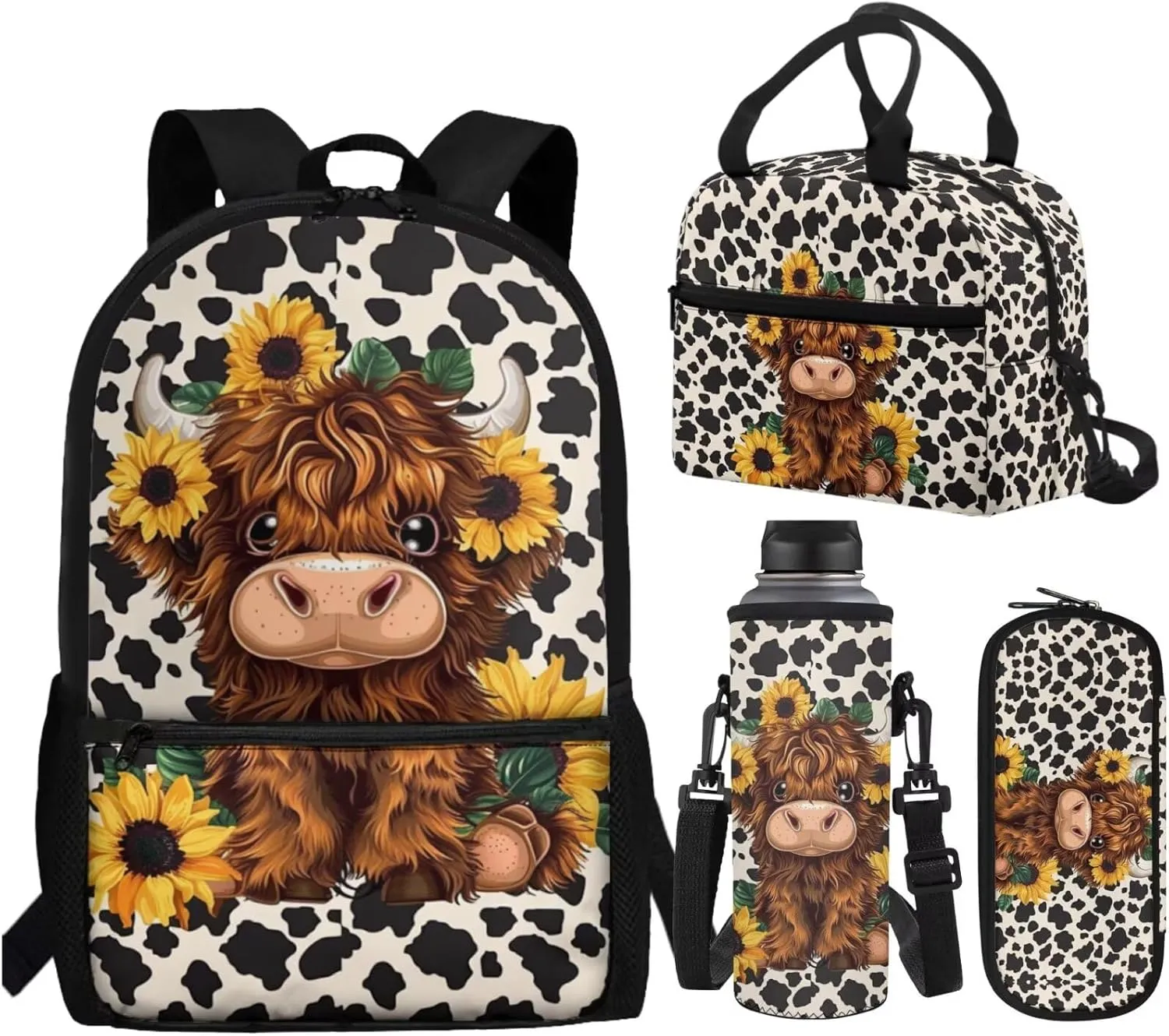 WELLFLYHOM Highland Cow Kids Book Bags for Girls Ages 6-8 Sunflower School Bookbag and Lunchbox Pencil Case Water Bottle Sleeve 4 Pcs Kids Backpack Set Gift for Back to School Season