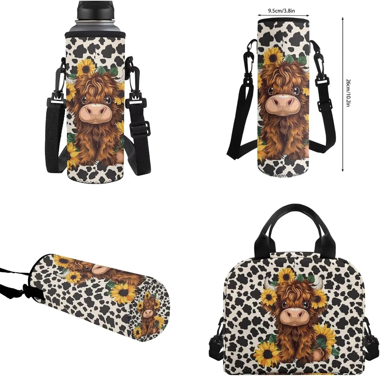 WELLFLYHOM Highland Cow Kids Book Bags for Girls Ages 6-8 Sunflower School Bookbag and Lunchbox Pencil Case Water Bottle Sleeve 4 Pcs Kids Backpack Set Gift for Back to School Season
