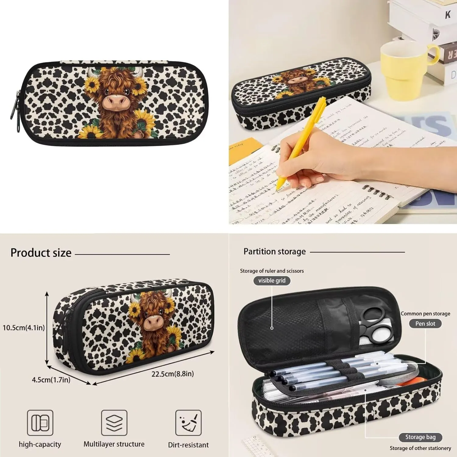 WELLFLYHOM Highland Cow Kids Book Bags for Girls Ages 6-8 Sunflower School Bookbag and Lunchbox Pencil Case Water Bottle Sleeve 4 Pcs Kids Backpack Set Gift for Back to School Season