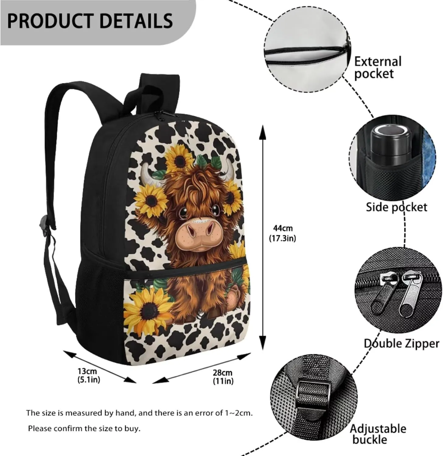 WELLFLYHOM Highland Cow Kids Book Bags for Girls Ages 6-8 Sunflower School Bookbag and Lunchbox Pencil Case Water Bottle Sleeve 4 Pcs Kids Backpack Set Gift for Back to School Season