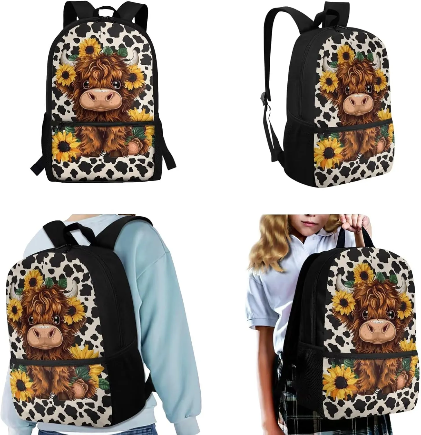 WELLFLYHOM Highland Cow Kids Book Bags for Girls Ages 6-8 Sunflower School Bookbag and Lunchbox Pencil Case Water Bottle Sleeve 4 Pcs Kids Backpack Set Gift for Back to School Season