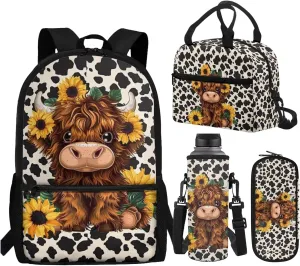 WELLFLYHOM Highland Cow Kids Book Bags for Girls Ages 6-8 Sunflower School Bookbag and Lunchbox Pencil Case Water Bottle Sleeve 4 Pcs Kids Backpack Set Gift for Back to School Season