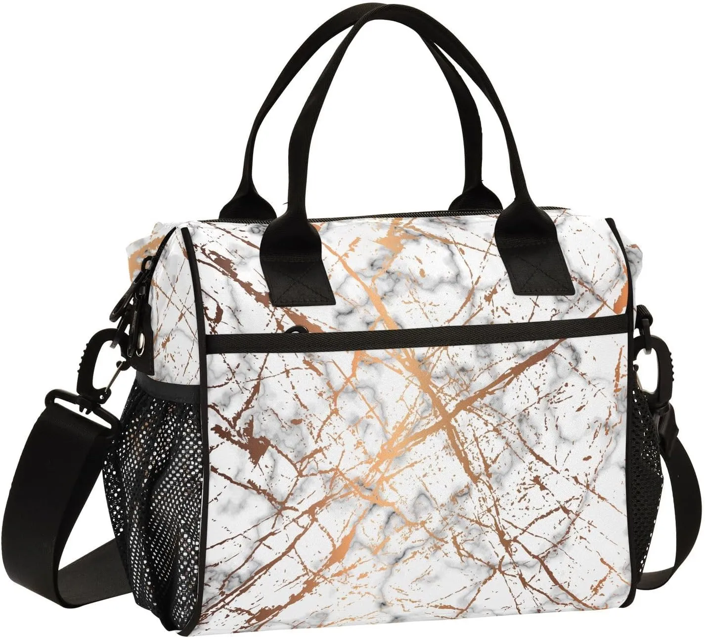 White Gold Rim Marble Lunch Bag Insulated Lunch Box for Women Cooler Bag Reusable Lunch Tote Bag Men Leakproof Lunchbox with Shoulder Strap School Work Picnic