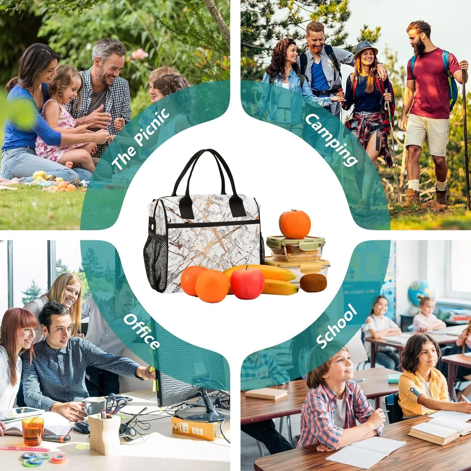 White Gold Rim Marble Lunch Bag Insulated Lunch Box for Women Cooler Bag Reusable Lunch Tote Bag Men Leakproof Lunchbox with Shoulder Strap School Work Picnic
