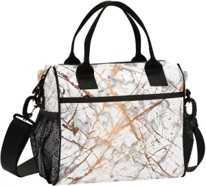 White Gold Rim Marble Lunch Bag Insulated Lunch Box for Women Cooler Bag Reusable Lunch Tote Bag Men Leakproof Lunchbox with Shoulder Strap School Work Picnic