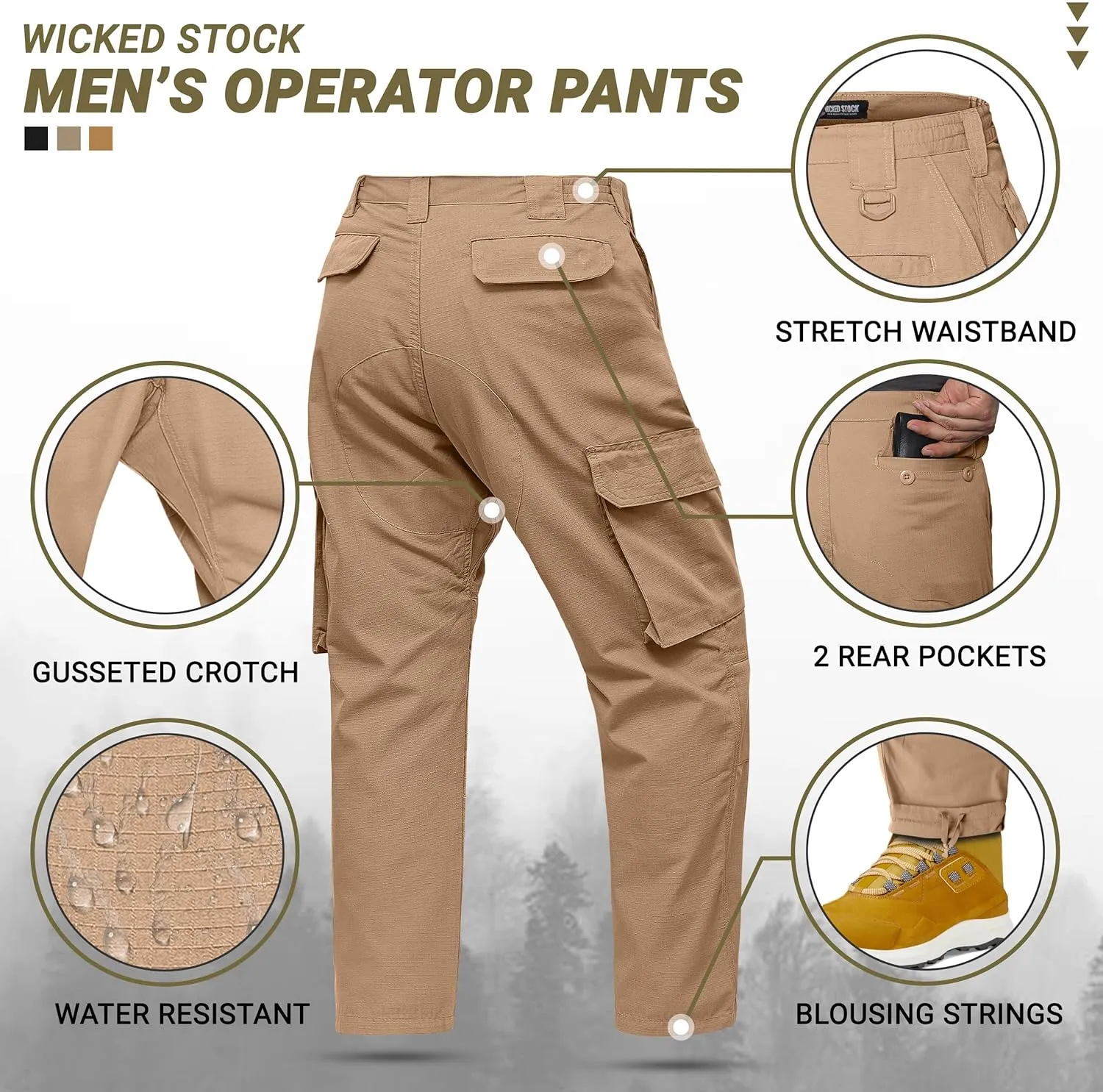 WICKED STOCK Ripstop Men's Operator Cargo Tactical Pants, Elastic Waist, Water Resistant Cargo Pants, Durable, Work Pants Men
