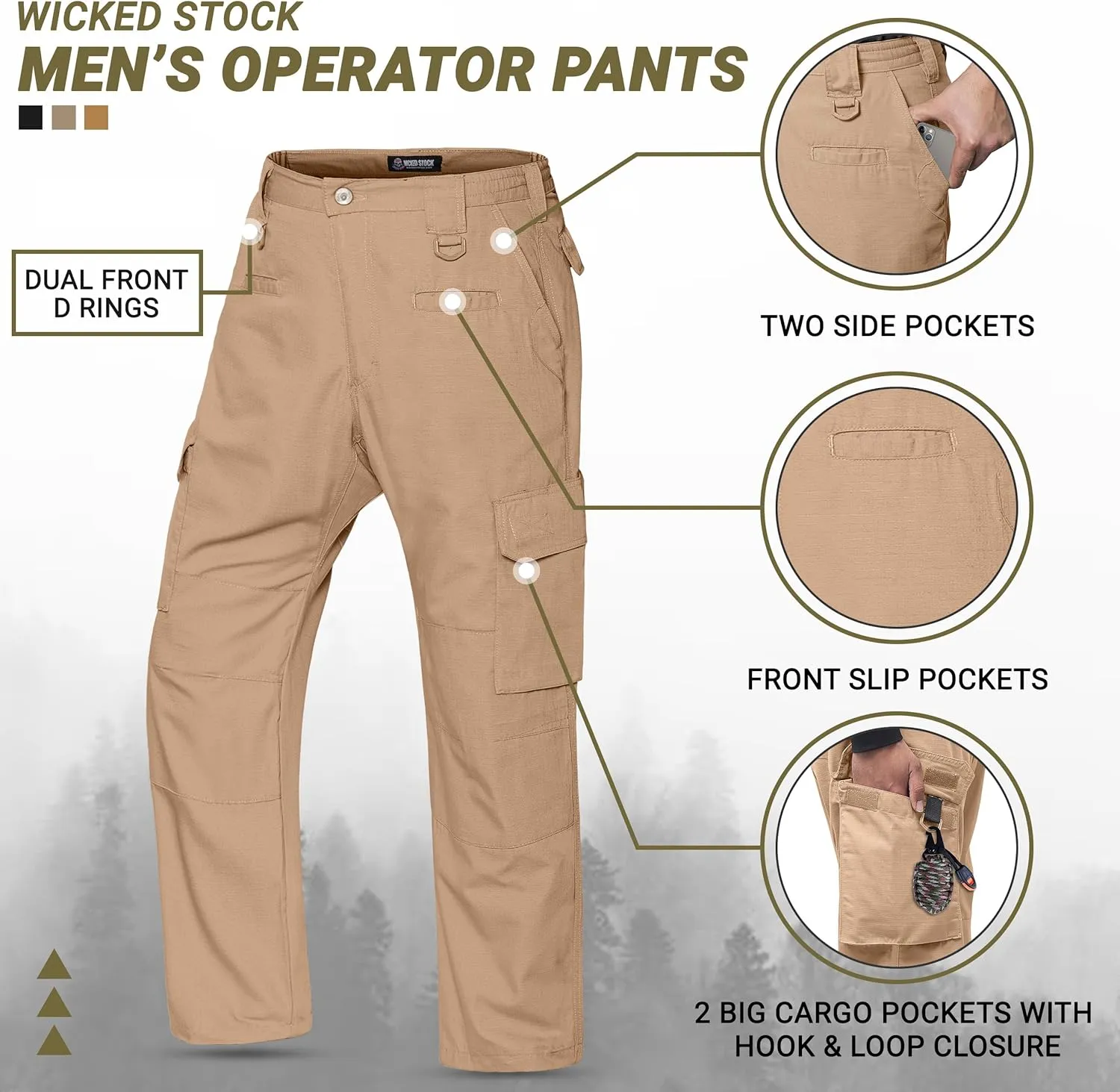 WICKED STOCK Ripstop Men's Operator Cargo Tactical Pants, Elastic Waist, Water Resistant Cargo Pants, Durable, Work Pants Men
