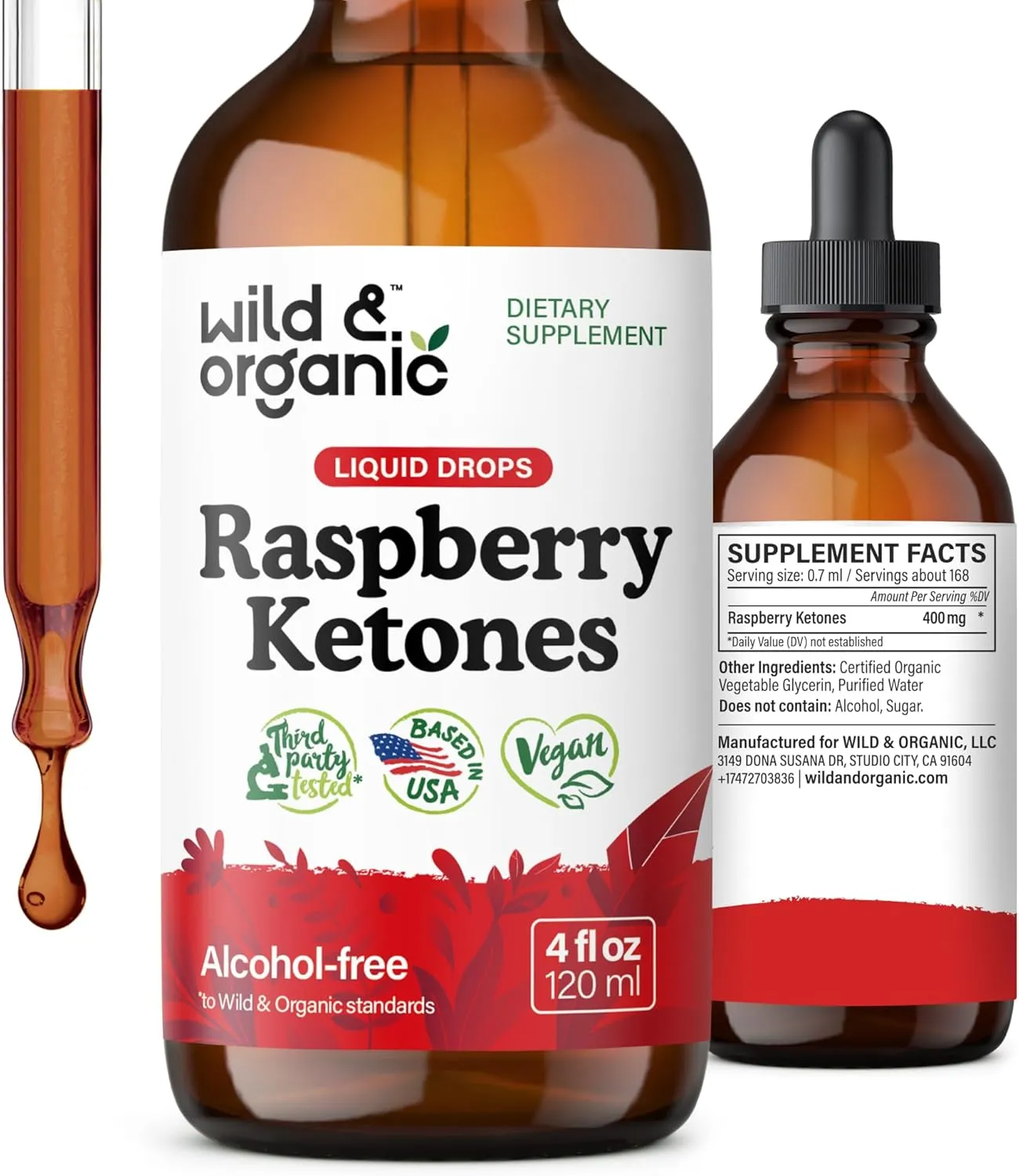 Wild & Organic Raspberry Ketones Liquid Drops - Vegan Raspberry Ketones Supplement for Overall Well-Being - 5-Month Supply - Non-GMO, No Alcohol & Sugar - 4 fl oz