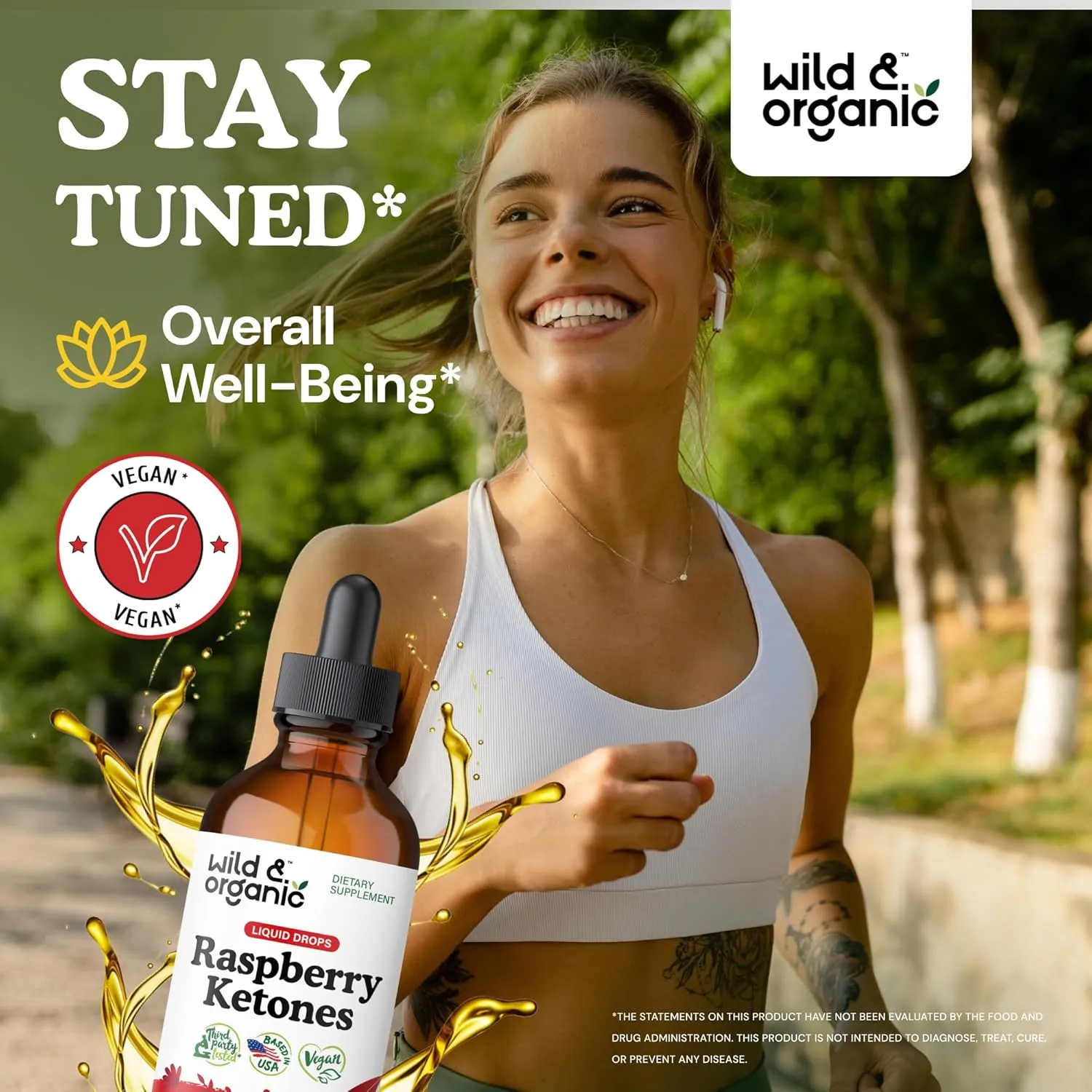 Wild & Organic Raspberry Ketones Liquid Drops - Vegan Raspberry Ketones Supplement for Overall Well-Being - 5-Month Supply - Non-GMO, No Alcohol & Sugar - 4 fl oz
