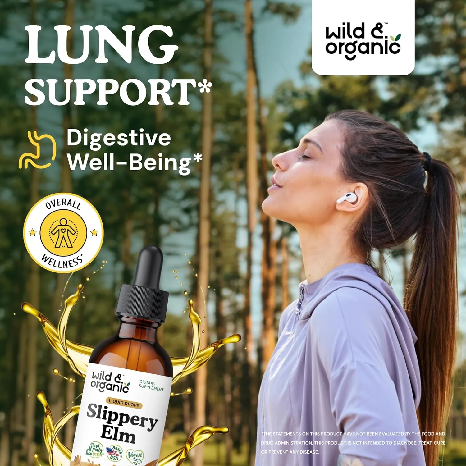 Wild & Organic Slippery Elm Drops - Lung, Digestive & Women's Support - Slippery Elm Bark Tincture - Liquid Ulmus Rubra Extract Supplement - Vegan, Sugar & Alcohol-Free - 2 fl oz