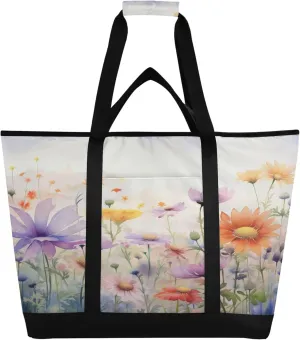Wildflowers Reusable Insulated Cooler Bag with Ice Pack Compartment - Large 170L Waterproof Thermal Grocery Tote for Picnic Beach Camping Lunch Storage