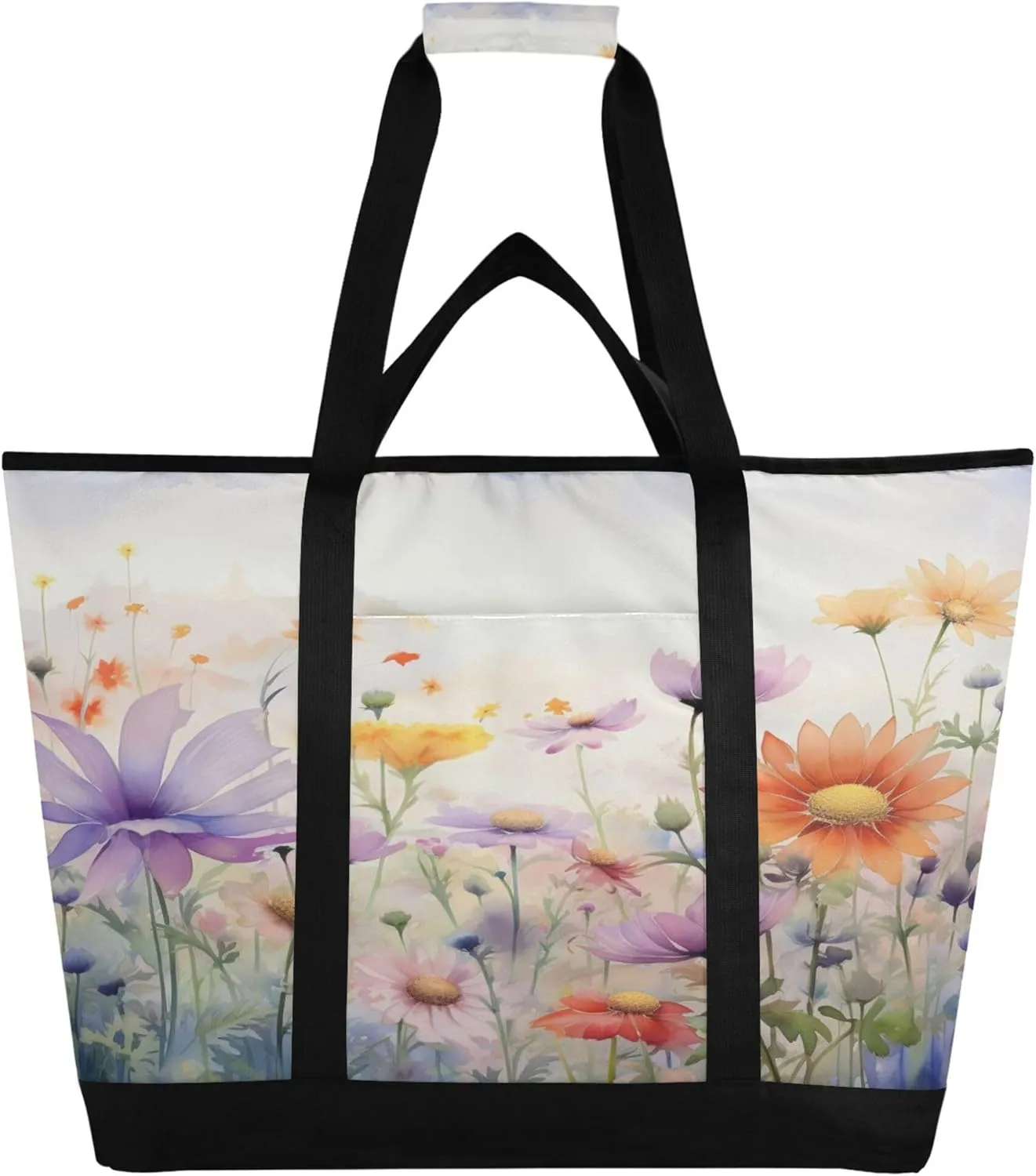 Wildflowers Reusable Insulated Cooler Bag with Ice Pack Compartment - Large 170L Waterproof Thermal Grocery Tote for Picnic Beach Camping Lunch Storage