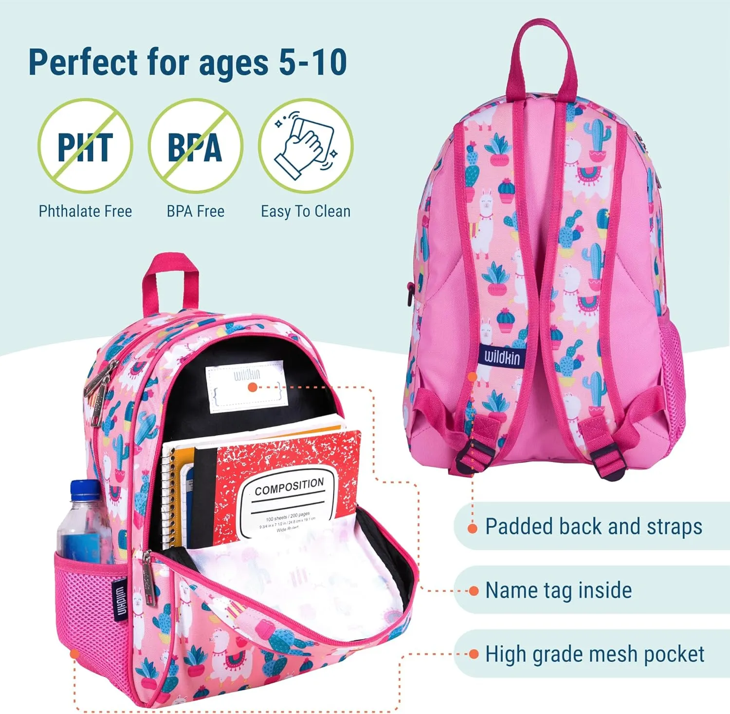 Wildkin 15-inch Kids Backpack – Durable, Padded, Adjustable for School & Travel - Llamas and Cactus