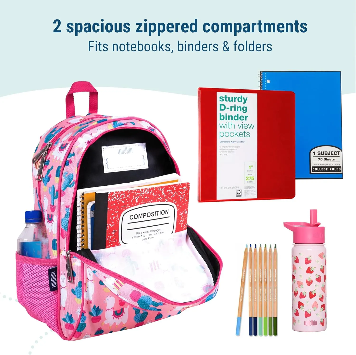 Wildkin 15-inch Kids Backpack – Durable, Padded, Adjustable for School & Travel - Llamas and Cactus