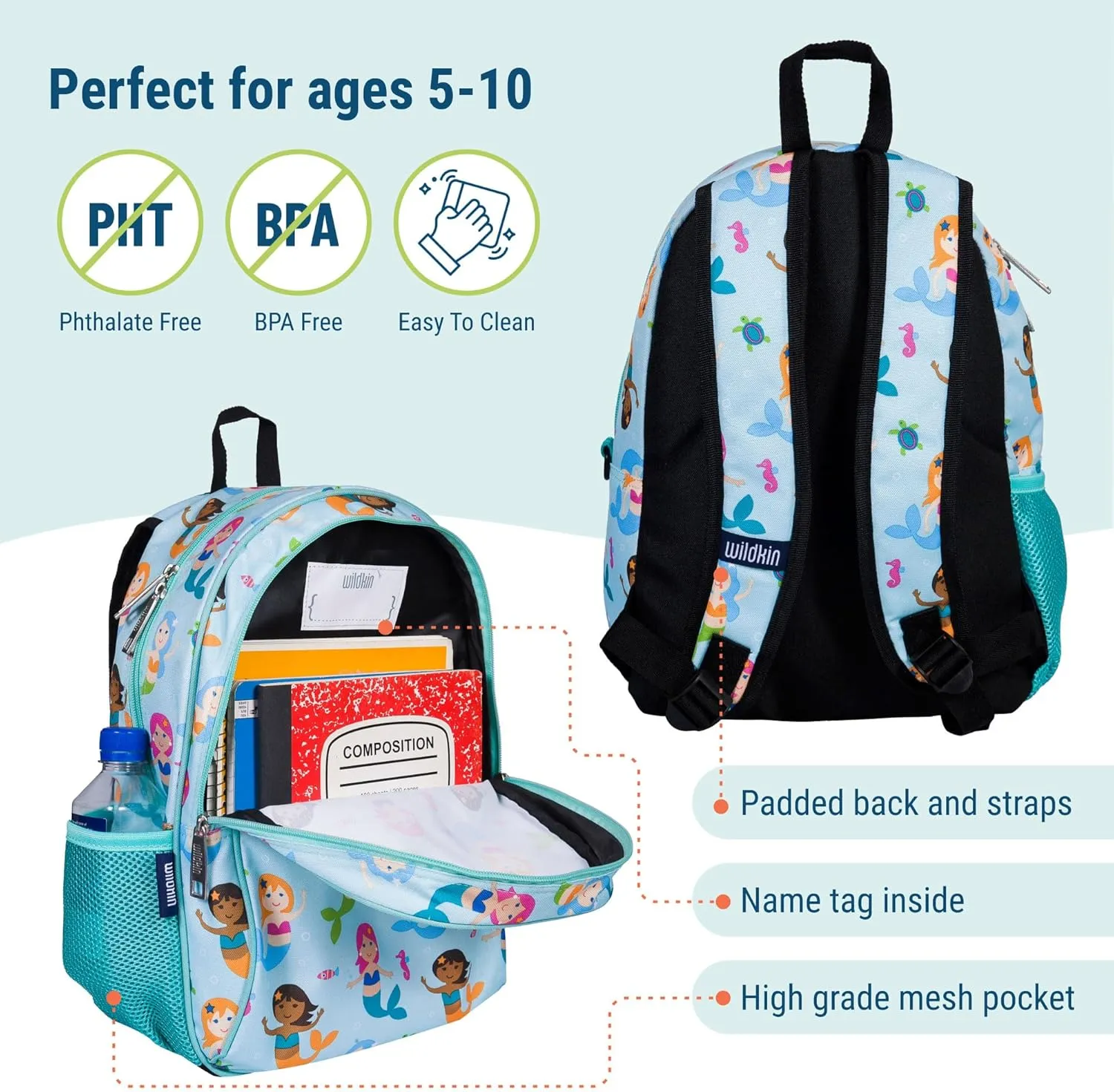 Wildkin 15-inch Kids Backpack – Durable, Padded, Adjustable for School & Travel - Mermaids