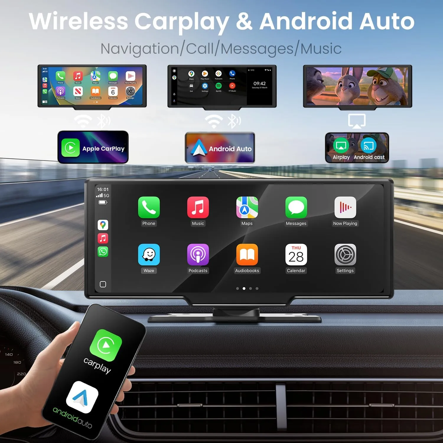 Wireless CarPlay & Android Auto Screen - 10.26 Inch HD Touch Screen with 4k Dash Cam Car Play Screen for Car, 1080p Backup Camera, Voice Control, Mirror Link, Bluetooth, Navigation