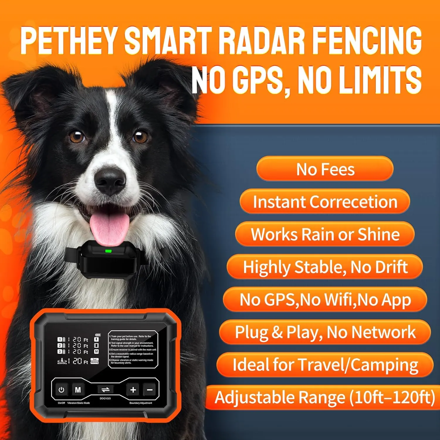 Wireless Dog Fence System, Indoor & Outdoor, 1 Acre High-Precision Radar Wireless Dog Fence System, Real-time Monitoring, 9-26in Medium & Large Breeds, Not Limited by GPS Signal (for Two Dogs)