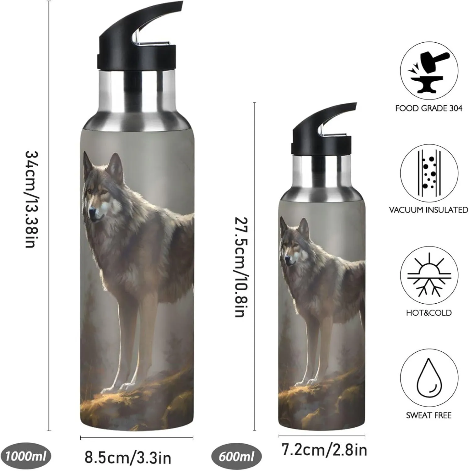 Wolves Mountain Print Sports Bottle with Straw and Carry Loop for Gym, Camping, Workout, and Outdoors，Insulated Water Bottle Jug for All Day Hydration