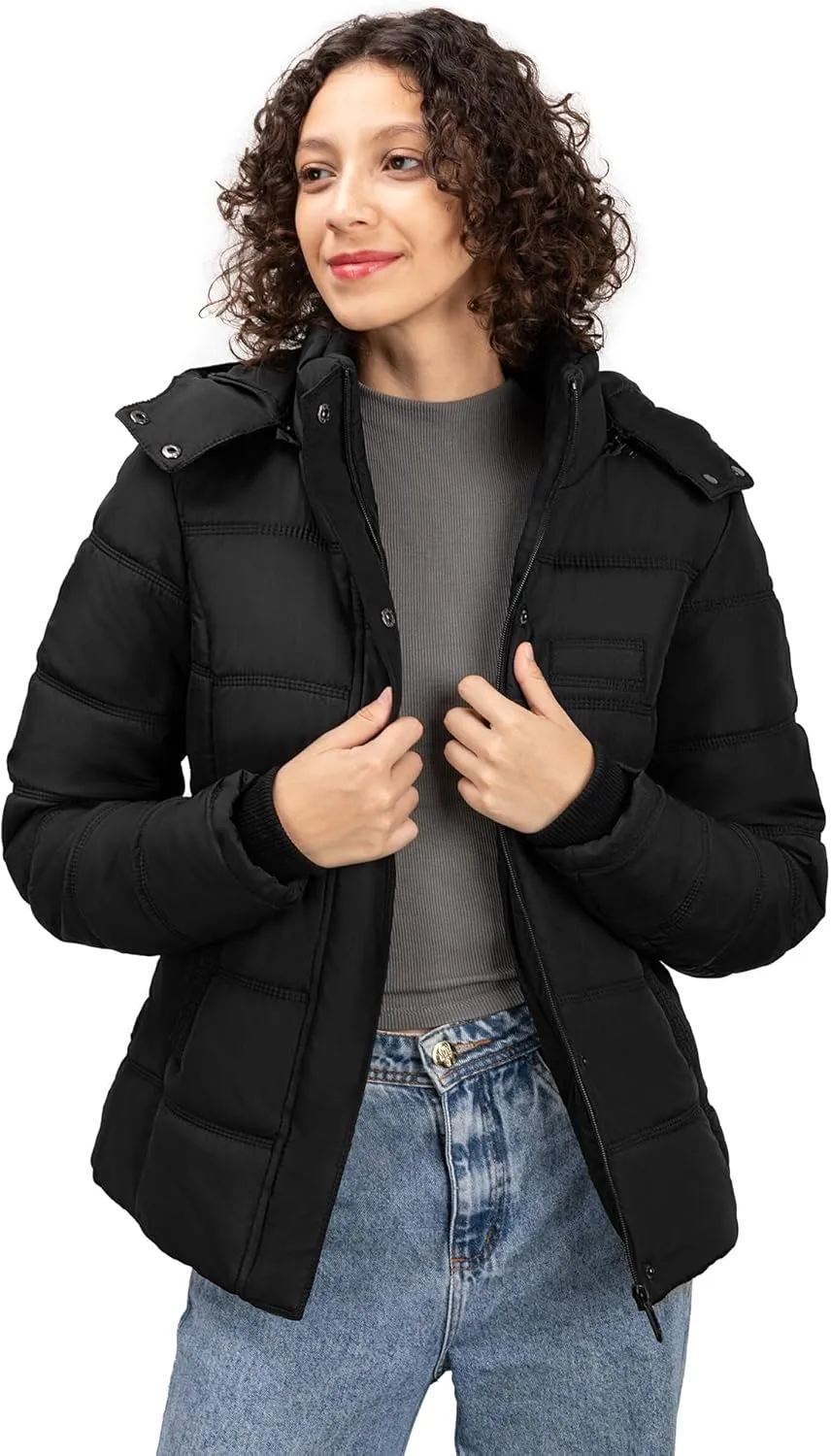 Women's Winter Down Coats, Black Short Warm Quilted Puffer Winter Jackets for Women Girl with Detachable Hood