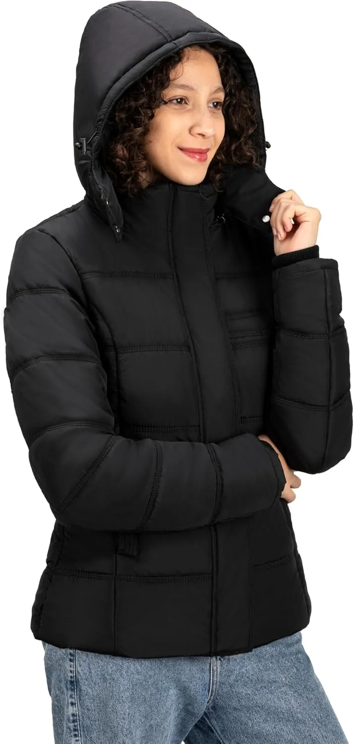 Women's Winter Down Coats, Black Short Warm Quilted Puffer Winter Jackets for Women Girl with Detachable Hood