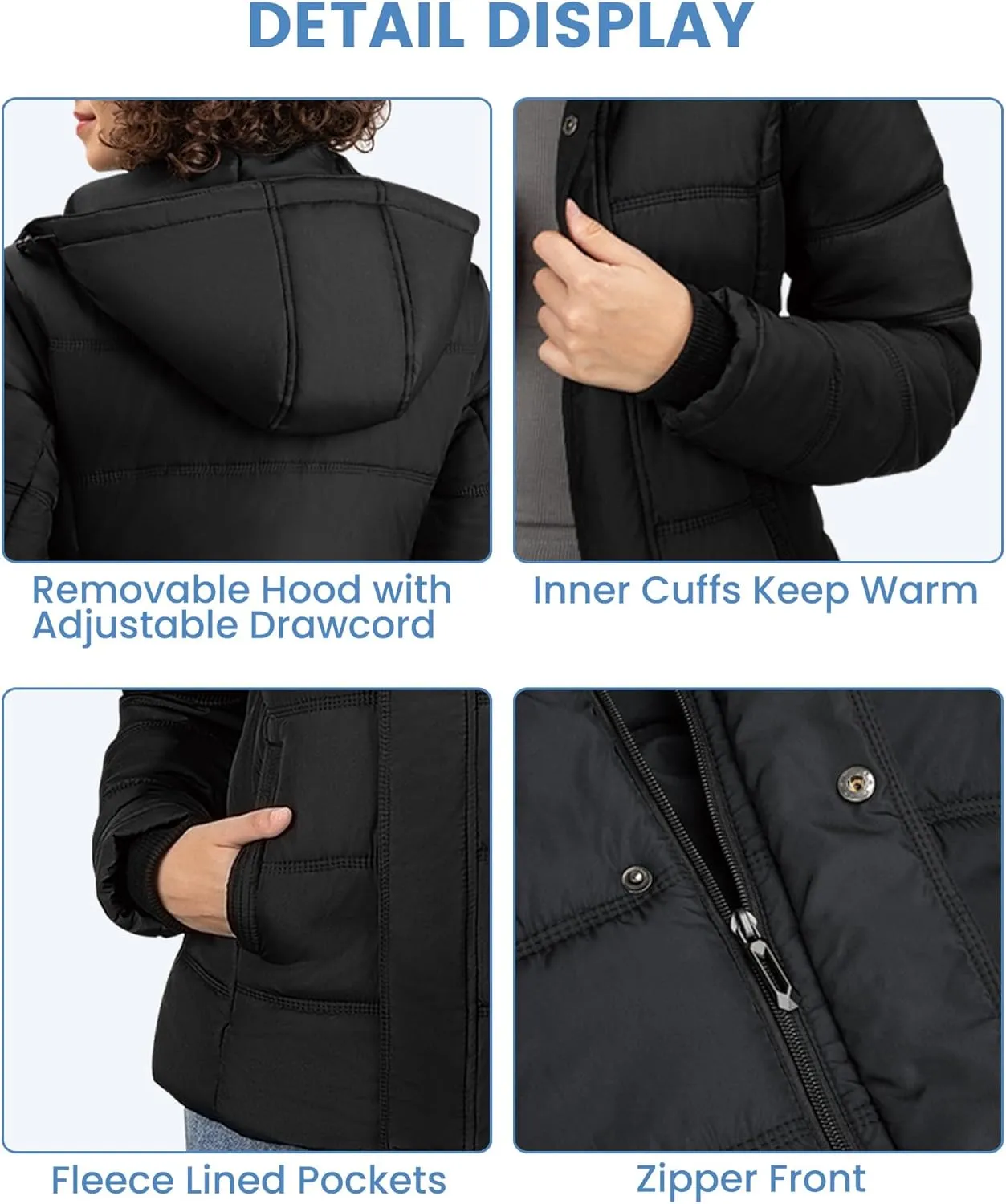 Women's Winter Down Coats, Black Short Warm Quilted Puffer Winter Jackets for Women Girl with Detachable Hood