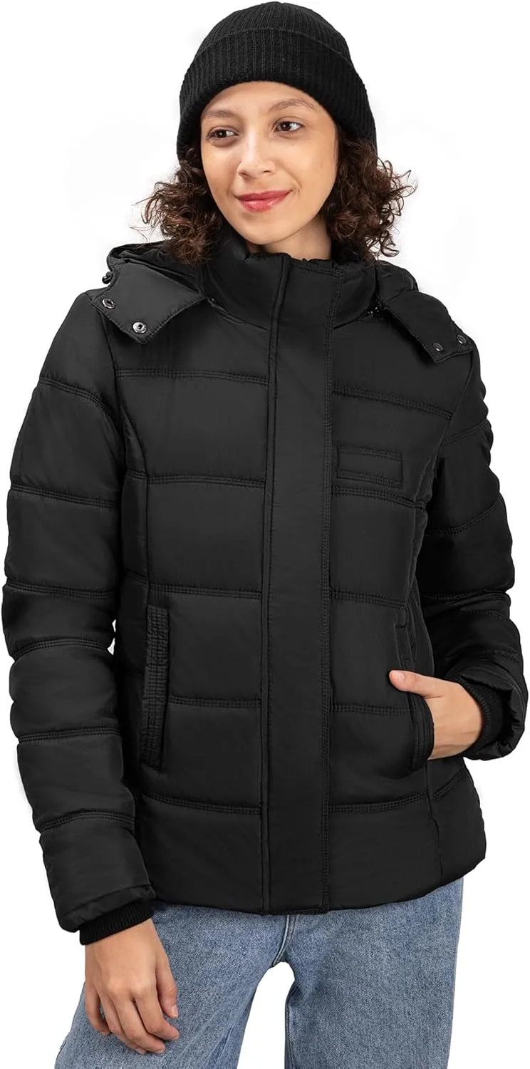 Women's Winter Down Coats, Black Short Warm Quilted Puffer Winter Jackets for Women Girl with Detachable Hood