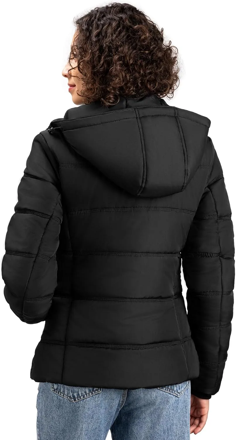 Women's Winter Down Coats, Black Short Warm Quilted Puffer Winter Jackets for Women Girl with Detachable Hood