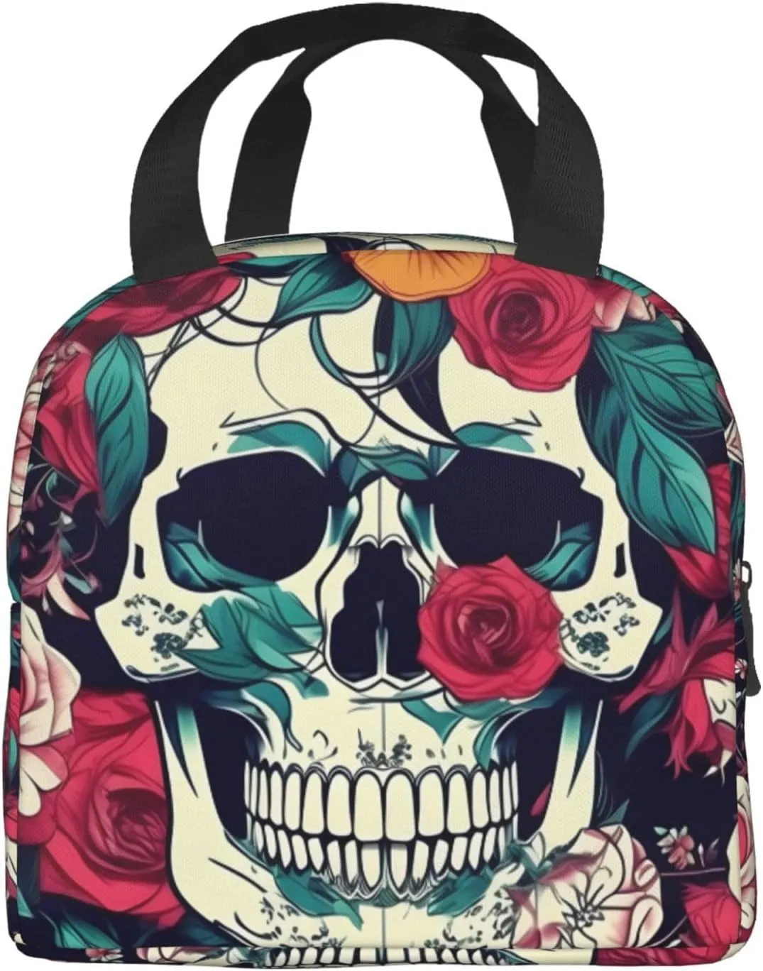Work Lunch Box,Flowers Skull Ornamental Travel Lunch Bag for Women Men,Large Capacity Reusable Insulated Lunch Container