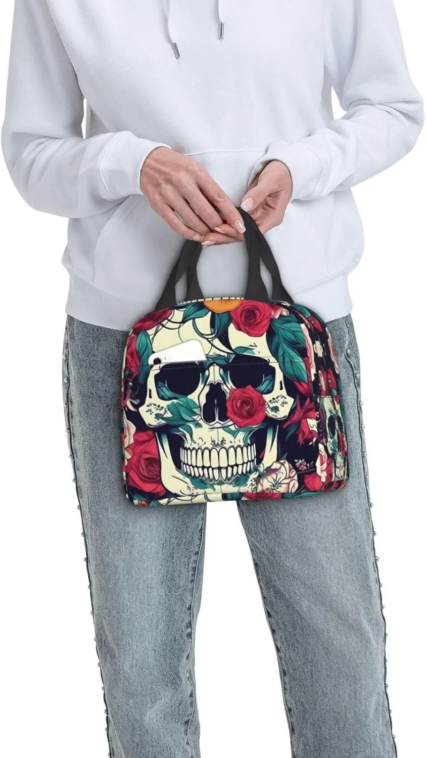 Work Lunch Box,Flowers Skull Ornamental Travel Lunch Bag for Women Men,Large Capacity Reusable Insulated Lunch Container