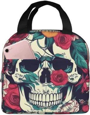 Work Lunch Box,Flowers Skull Ornamental Travel Lunch Bag for Women Men,Large Capacity Reusable Insulated Lunch Container