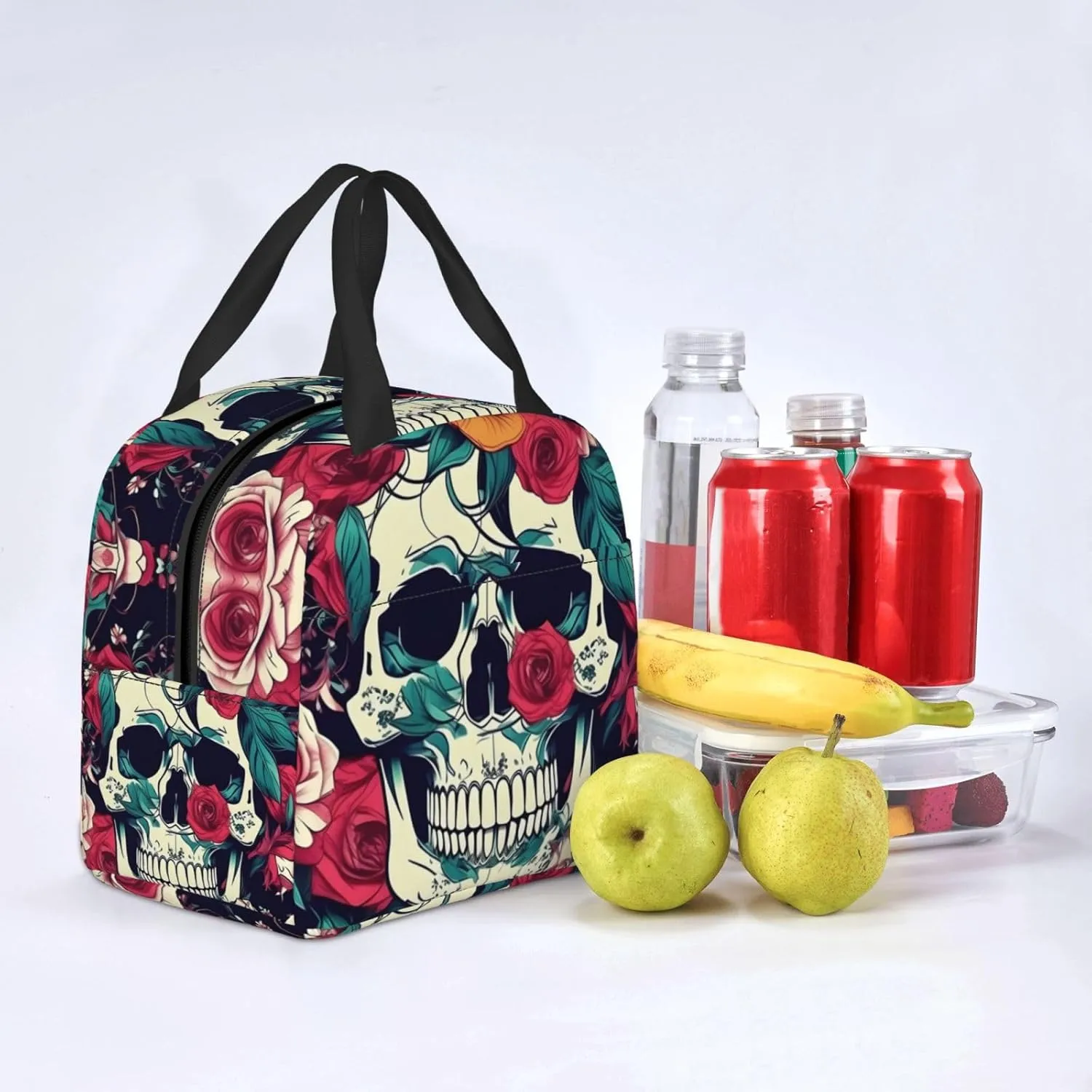 Work Lunch Box,Flowers Skull Ornamental Travel Lunch Bag for Women Men,Large Capacity Reusable Insulated Lunch Container