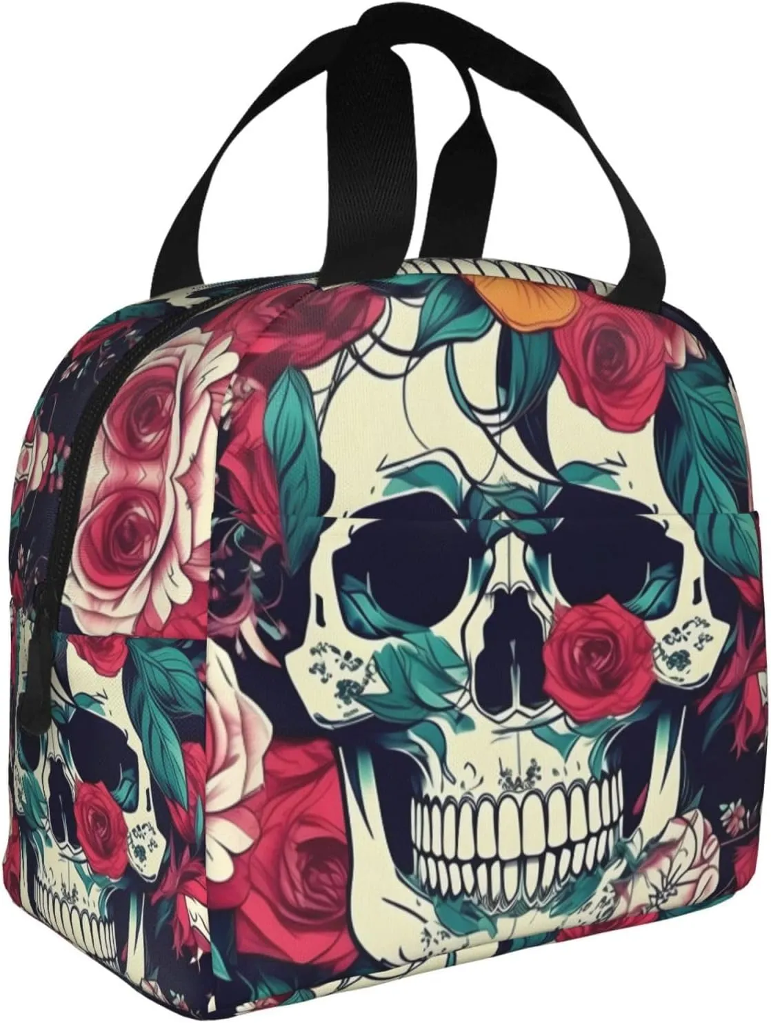 Work Lunch Box,Flowers Skull Ornamental Travel Lunch Bag for Women Men,Large Capacity Reusable Insulated Lunch Container