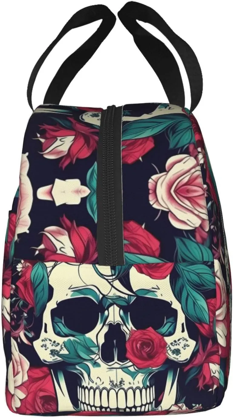 Work Lunch Box,Flowers Skull Ornamental Travel Lunch Bag for Women Men,Large Capacity Reusable Insulated Lunch Container