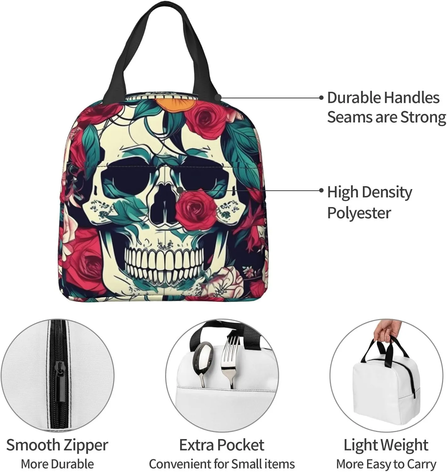 Work Lunch Box,Flowers Skull Ornamental Travel Lunch Bag for Women Men,Large Capacity Reusable Insulated Lunch Container