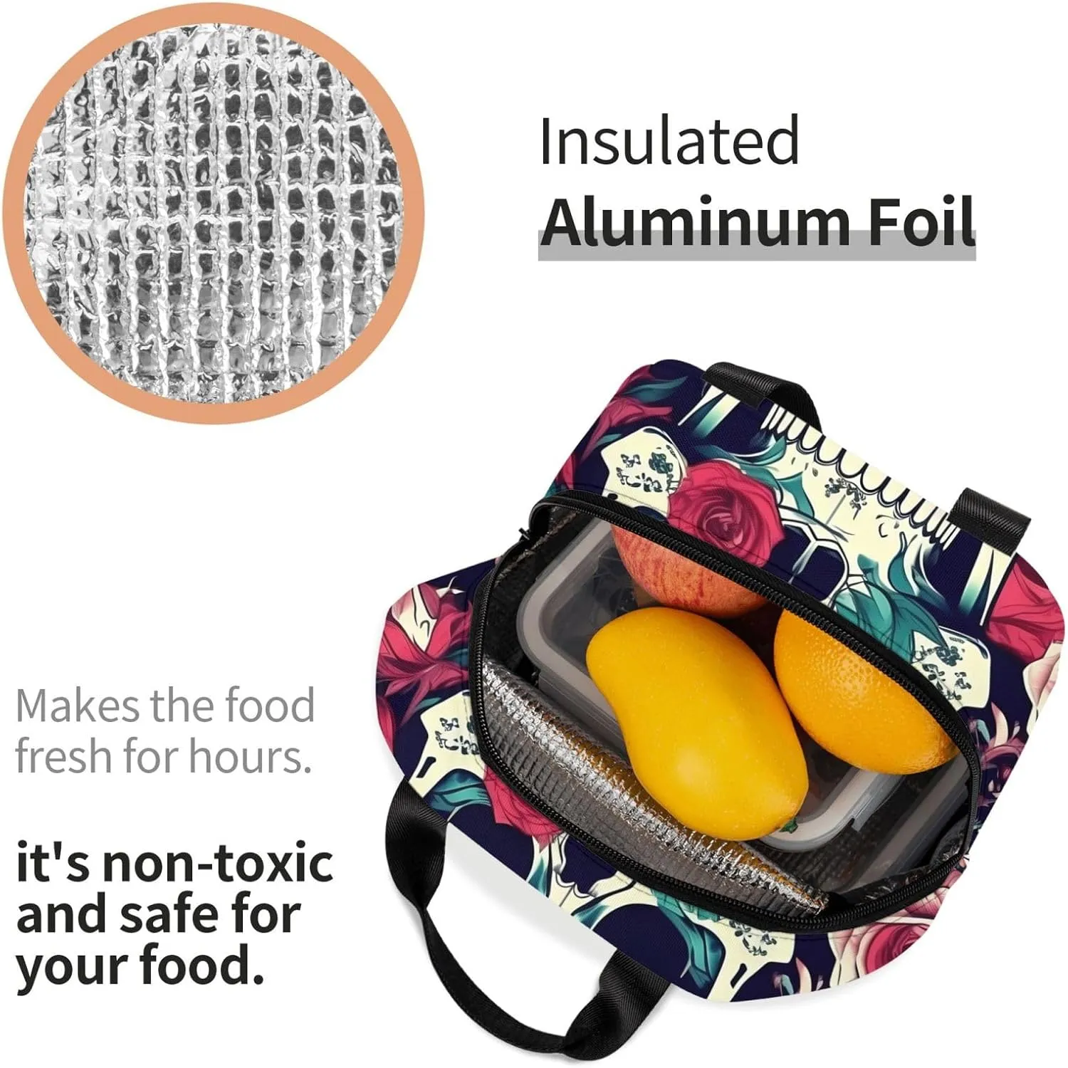 Work Lunch Box,Flowers Skull Ornamental Travel Lunch Bag for Women Men,Large Capacity Reusable Insulated Lunch Container