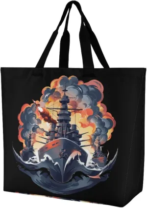 WW2 Warship Battleship Cruisers Naval Fleet Shopping Bag Reusable Tote Bag Lightweight Shoulder Bag Grocery Bag for Women Men