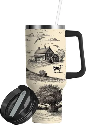 xigua 30 oz Landscape with Windmill Tumbler with Handle and Straw Lid, Stainless Steel Vacuum Insulated Sports Water Bottle, Keeps Cold or Hot Coffee Cup Travel Mug