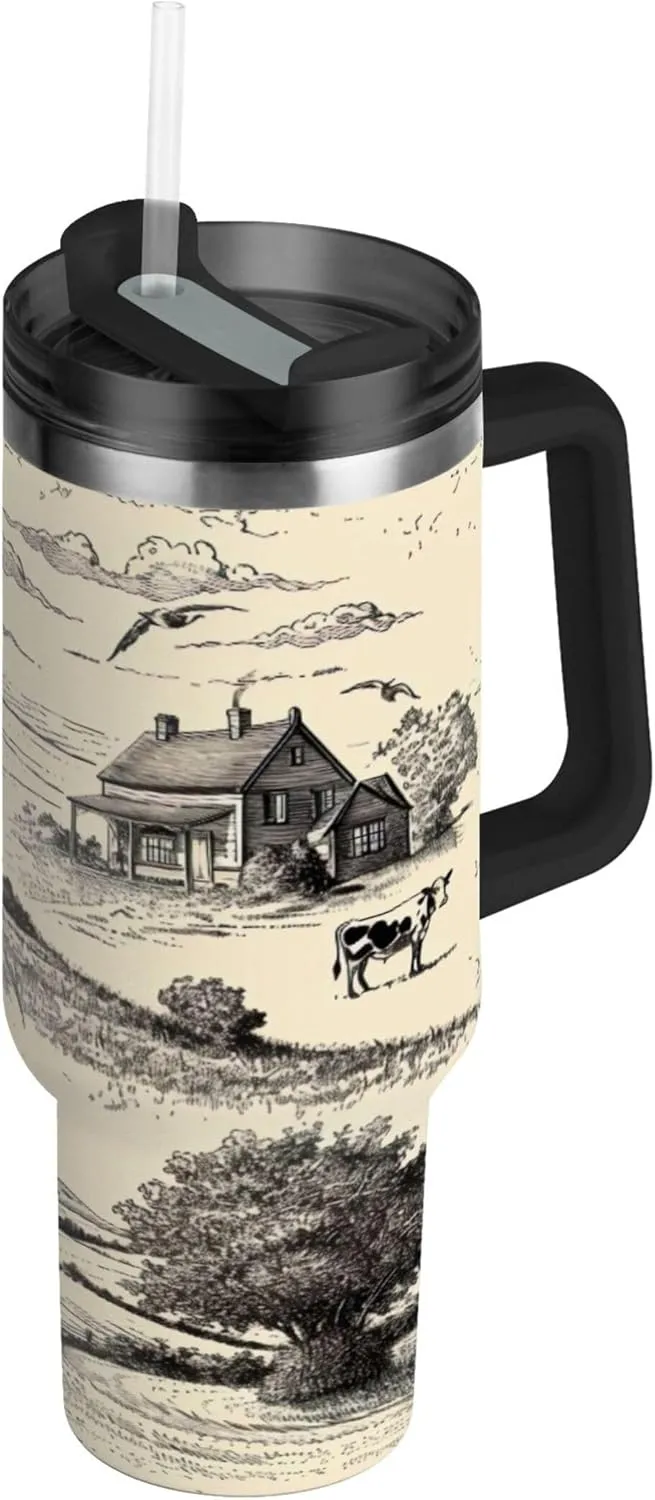 xigua 30 oz Landscape with Windmill Tumbler with Handle and Straw Lid, Stainless Steel Vacuum Insulated Sports Water Bottle, Keeps Cold or Hot Coffee Cup Travel Mug