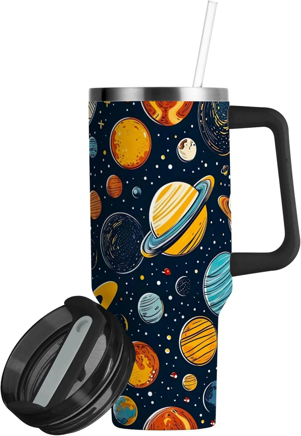 xigua 40 oz Cartoon Planets Tumbler with Handle and Straw Lid, Stainless Steel Vacuum Insulated Sports Water Bottle, Keeps Cold or Hot Coffee Cup Travel Mug