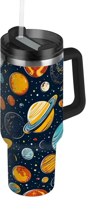xigua 40 oz Cartoon Planets Tumbler with Handle and Straw Lid, Stainless Steel Vacuum Insulated Sports Water Bottle, Keeps Cold or Hot Coffee Cup Travel Mug