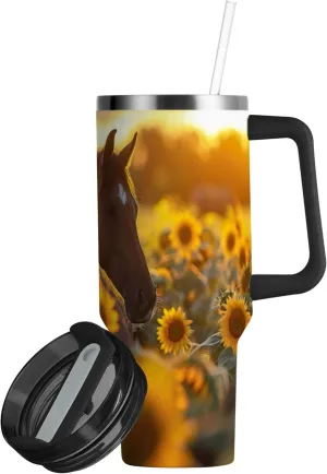 xigua 40 oz Sunflower Horses Tumbler with Handle and Straw Lid, Stainless Steel Vacuum Insulated Sports Water Bottle, Keeps Cold or Hot Coffee Cup Travel Mug