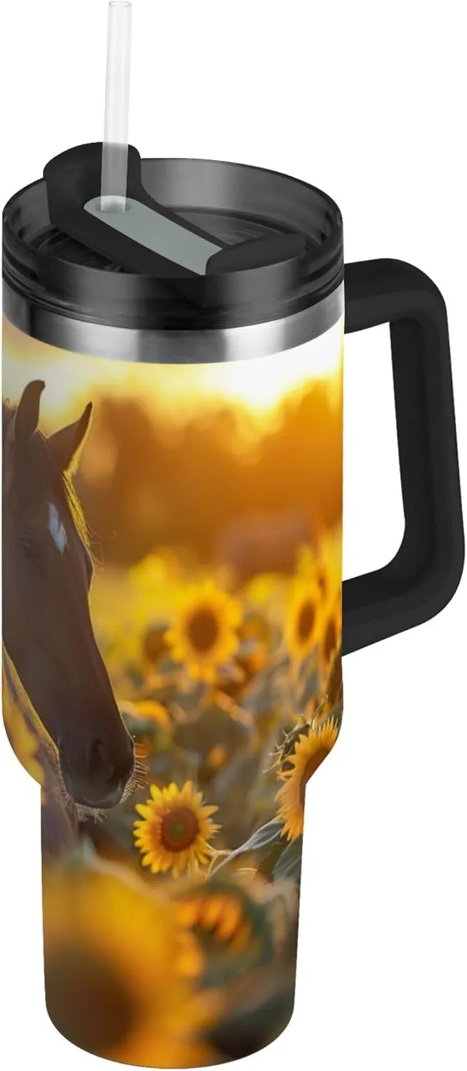 xigua 40 oz Sunflower Horses Tumbler with Handle and Straw Lid, Stainless Steel Vacuum Insulated Sports Water Bottle, Keeps Cold or Hot Coffee Cup Travel Mug
